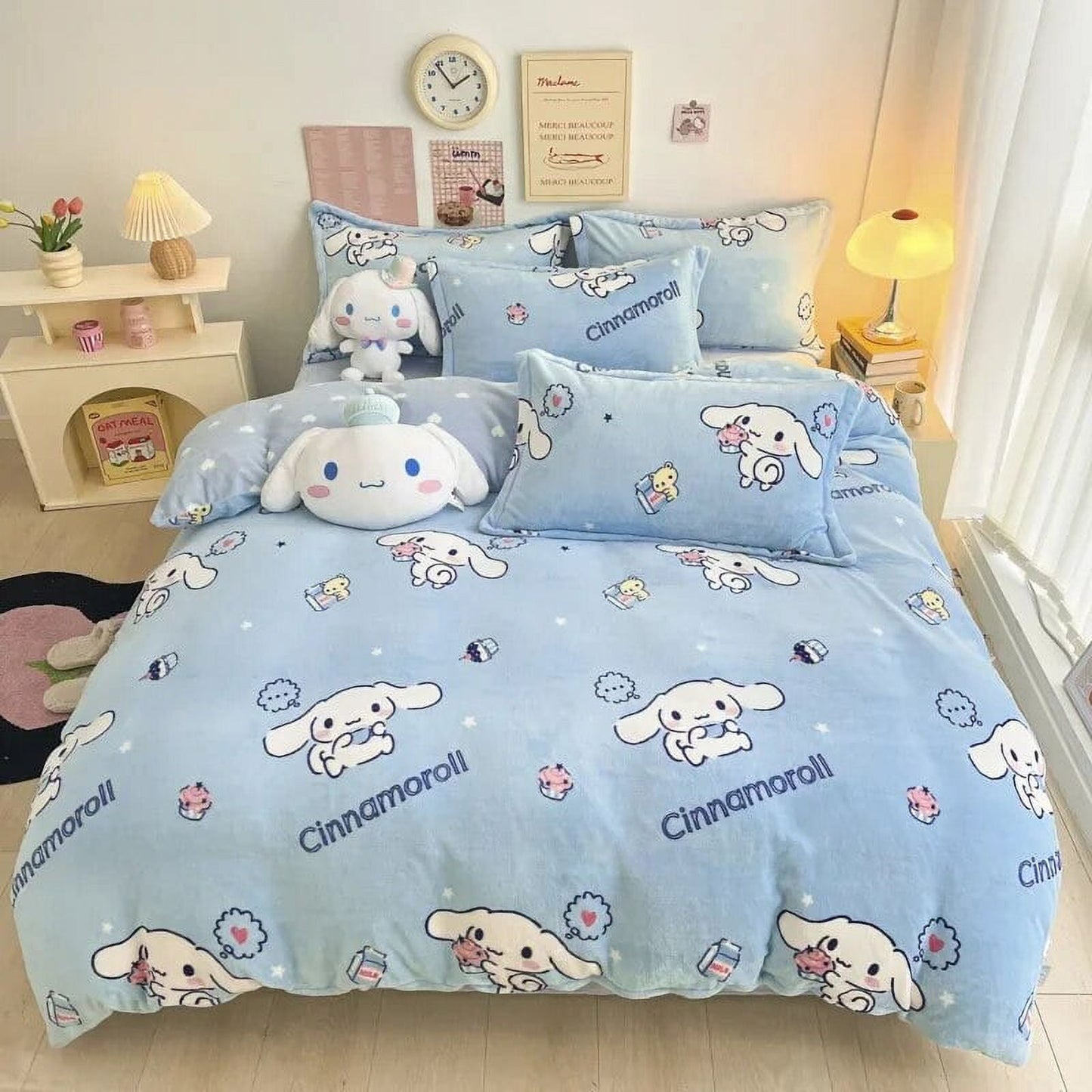 3/4Pcs Set Sanrio Hello Kitty Kuromi Bed Sheet Kawaii My Melody Thickened Milk Fiber Warm Bedding Suit Sets Cute Bed Supplies