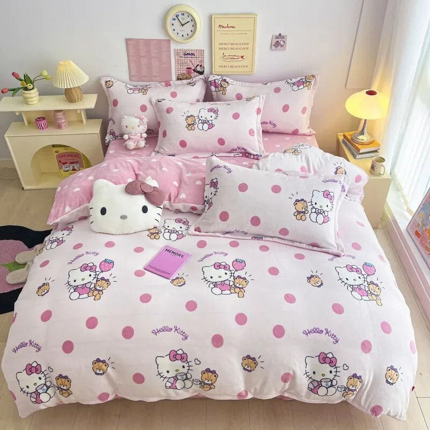 3/4Pcs Set Sanrio Hello Kitty Kuromi Bed Sheet Kawaii My Melody Thickened Milk Fiber Warm Bedding Suit Sets Cute Bed Supplies
