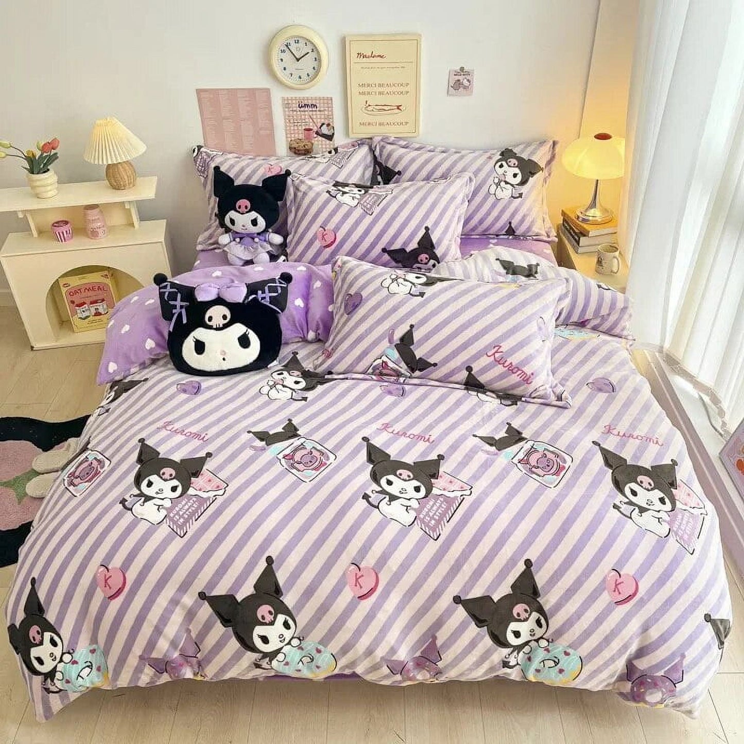 3/4Pcs Set Sanrio Hello Kitty Kuromi Bed Sheet Kawaii My Melody Thickened Milk Fiber Warm Bedding Suit Sets Cute Bed Supplies
