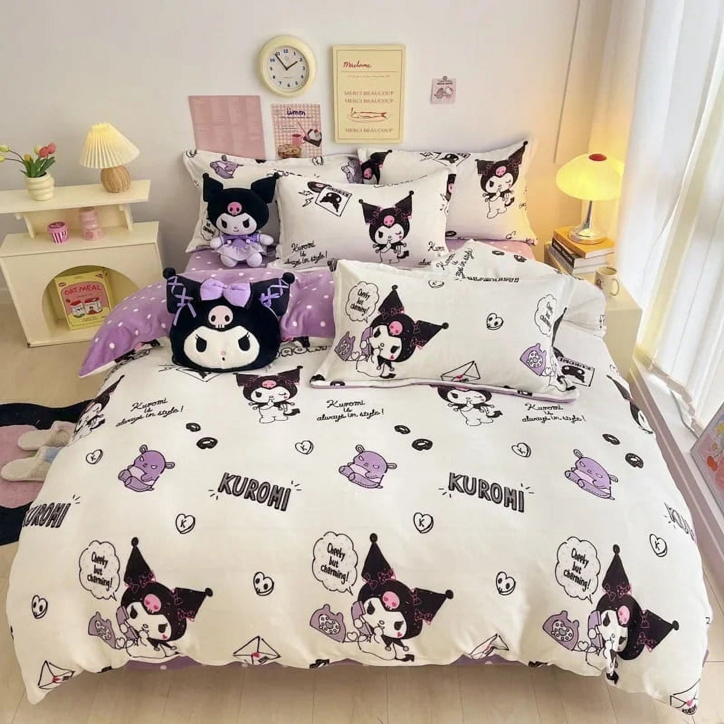 3/4Pcs Set Sanrio Hello Kitty Kuromi Bed Sheet Kawaii My Melody Thickened Milk Fiber Warm Bedding Suit Sets Cute Bed Supplies