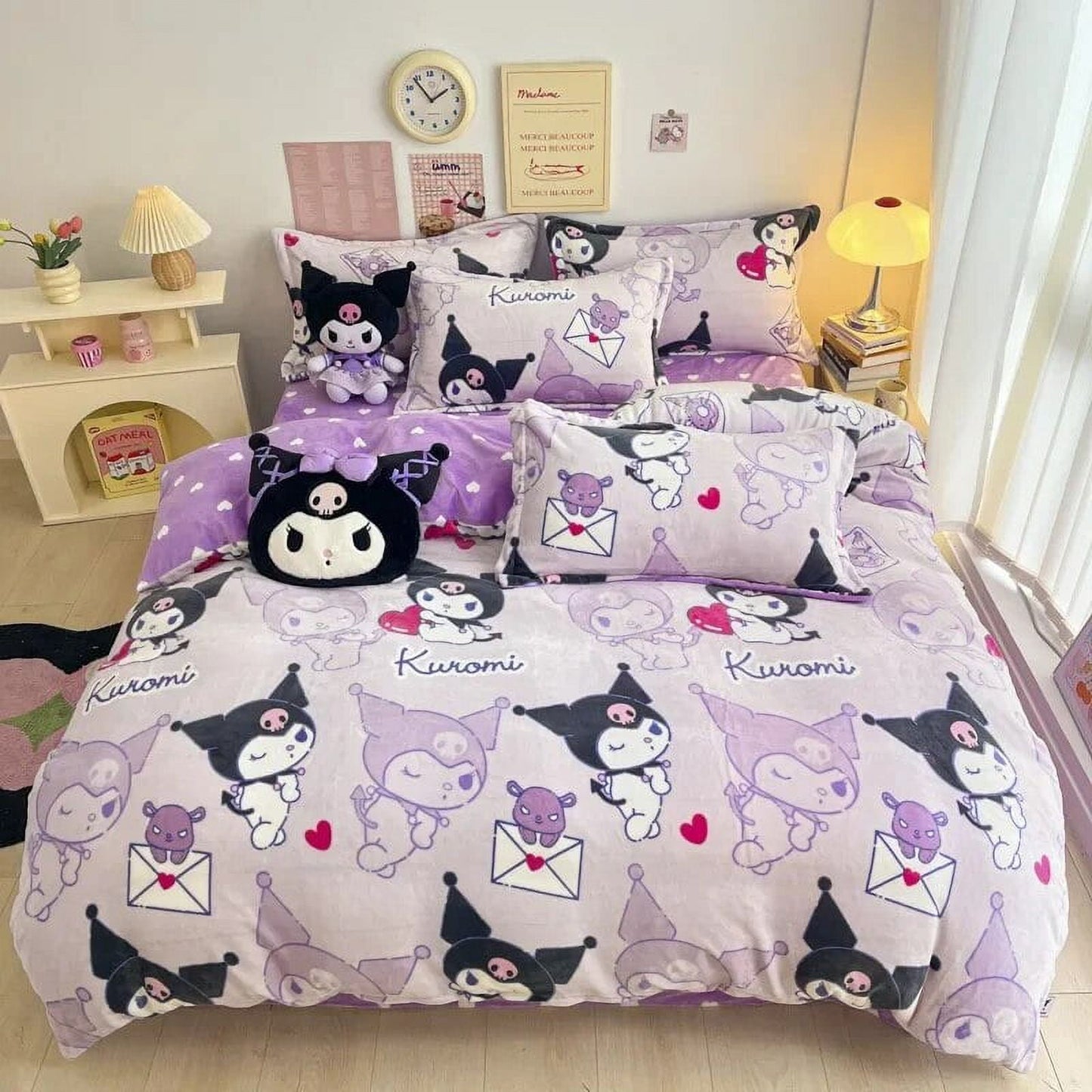 3/4Pcs Set Sanrio Hello Kitty Kuromi Bed Sheet Kawaii My Melody Thickened Milk Fiber Warm Bedding Suit Sets Cute Bed Supplies