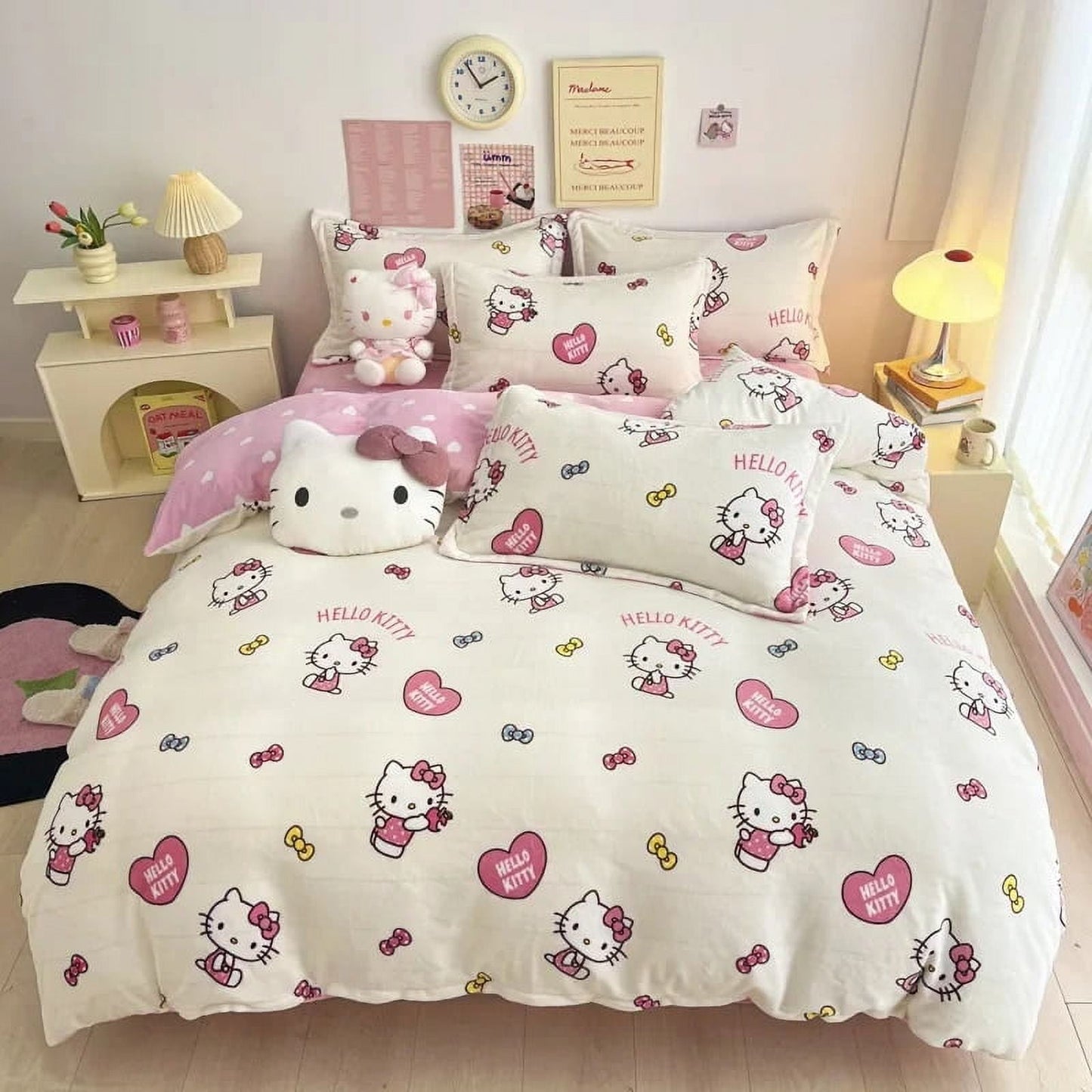 3/4Pcs Set Sanrio Hello Kitty Kuromi Bed Sheet Kawaii My Melody Thickened Milk Fiber Warm Bedding Suit Sets Cute Bed Supplies