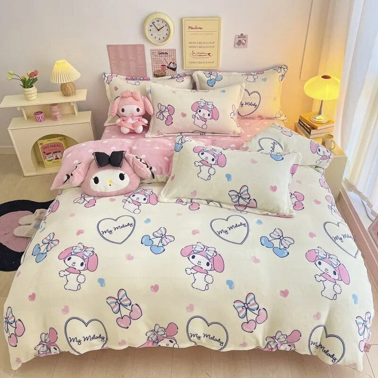 3/4Pcs Set Sanrio Hello Kitty Kuromi Bed Sheet Kawaii My Melody Thickened Milk Fiber Warm Bedding Suit Sets Cute Bed Supplies