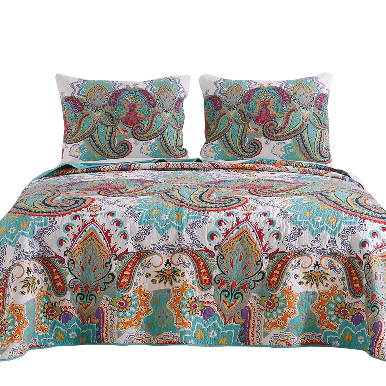 3 Piece King Size Cotton Quilt Set with Paisley Print, Teal Blue- Saltoro Sherpi