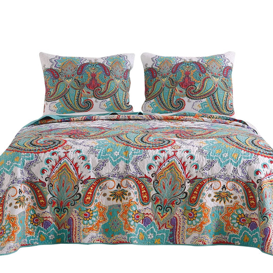 3 Piece King Size Cotton Quilt Set with Paisley Print, Teal Blue- Saltoro Sherpi