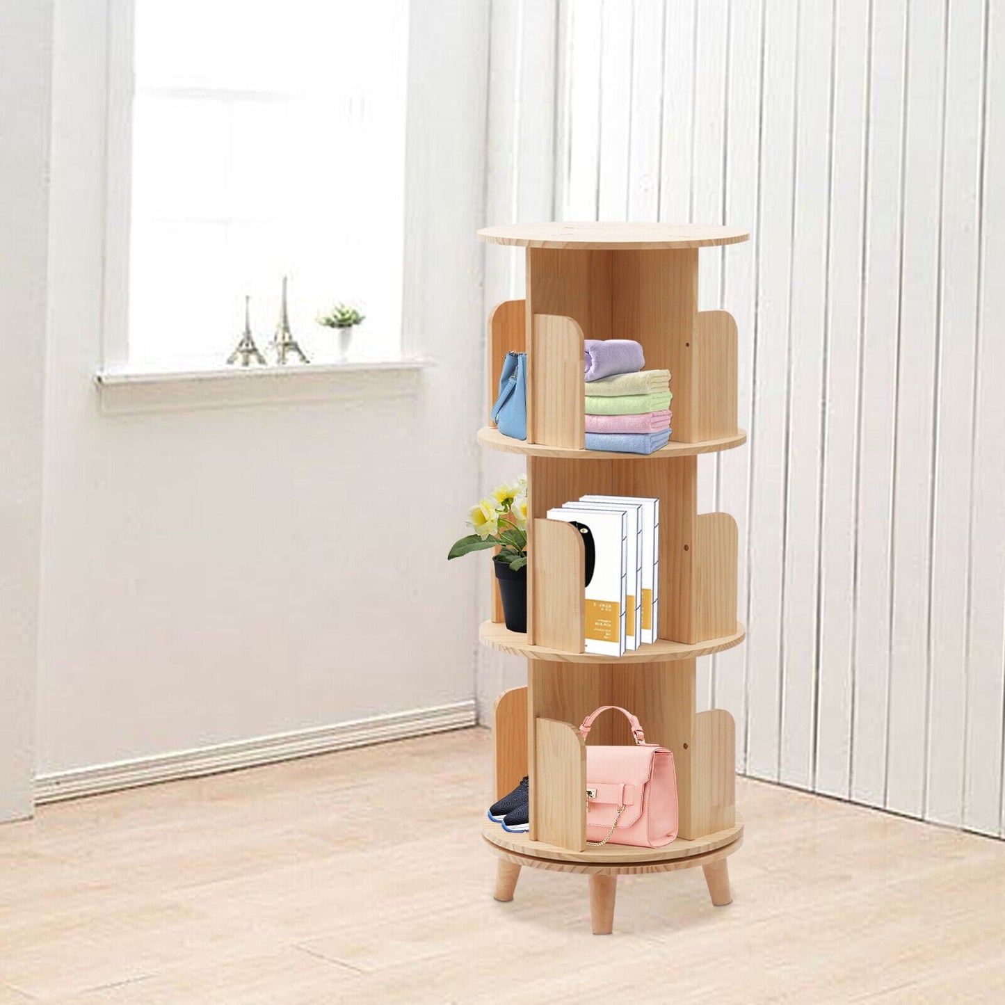 3 Rotating Bookshelf 360 Display Floor Standing Bookcase Storage Rack for Kids&Adults Multi-Functional Bookshelf Organizer Wood