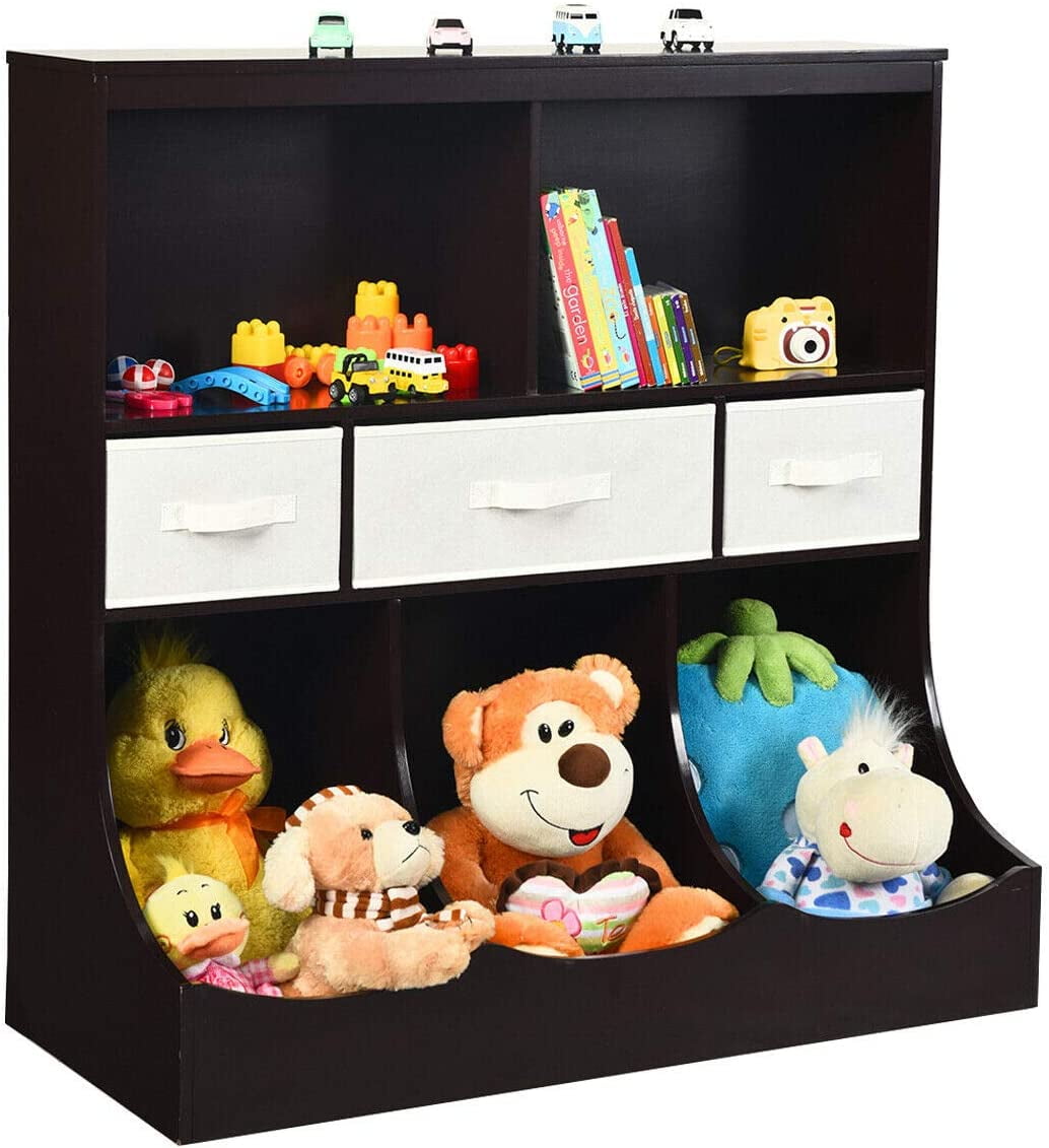 3-Tier Kids Bookcase Toddler Storage Organizer Cabinet Shelf w/ 8 Compartment Box and 3 Removable Drawers for Children, Freestanding Storage Unit for Bedroom Decor Room (Espresso)