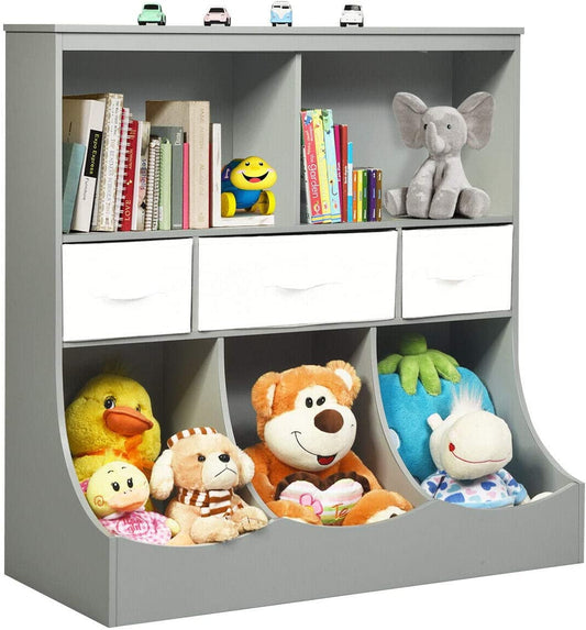3-Tier Kids Bookcase Toddler Storage Organizer Cabinet Shelf w/ 8 Compartment Box and 3 Removable Drawers for Children, Freestanding Storage Unit for Bedroom Decor Room (Gray)