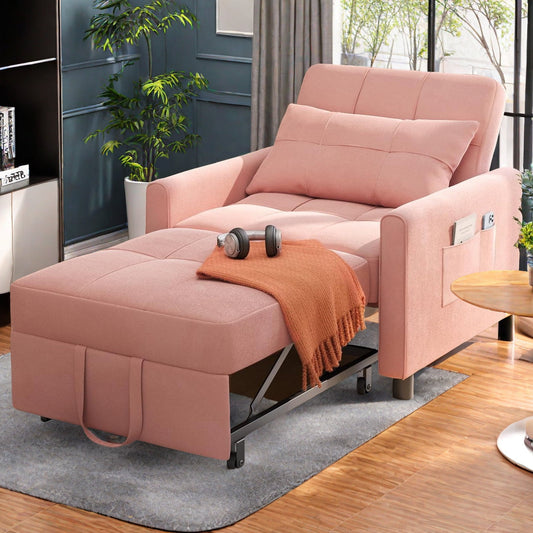 3 in 1 Convertible Chair Bed,Lofka Lounger Sleeper Chair Bed, Linen Sofa Bed Sleeper Armchair,Dream Pink