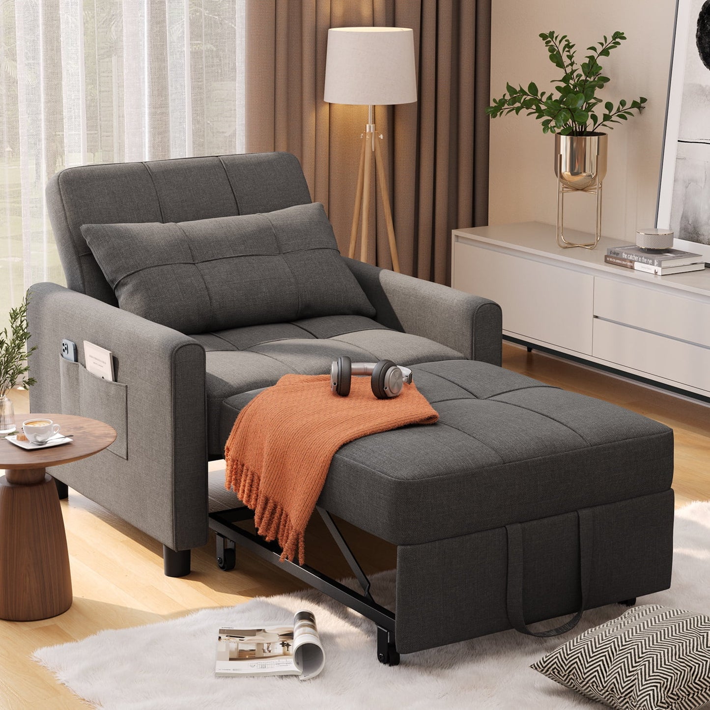 3 in 1 Convertible Chair Bed,Lofka Lounger Sleeper Chair Bed, Linen Sofa Bed Sleeper Armchair,Elegant Gray
