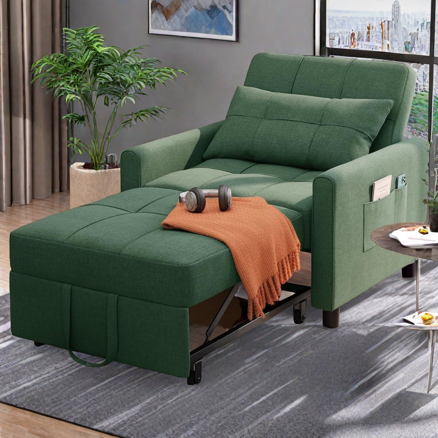 3 in 1 Convertible Chair Bed,Lofka Lounger Sleeper Chair Bed, Linen Sofa Bed Sleeper Armchair,Retro Green