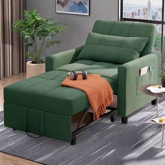 3 in 1 Convertible Chair Bed,Lofka Lounger Sleeper Chair Bed, Linen Sofa Bed Sleeper Armchair,Retro Green