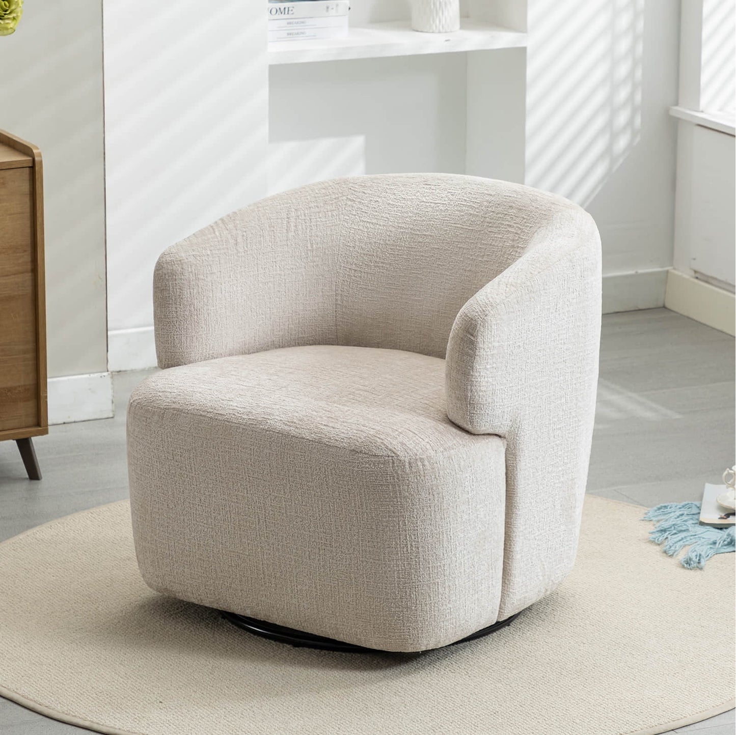 30in Wide Chenille Upholstered Swivel Accent Chair Boucle Swivel Barrel Chair