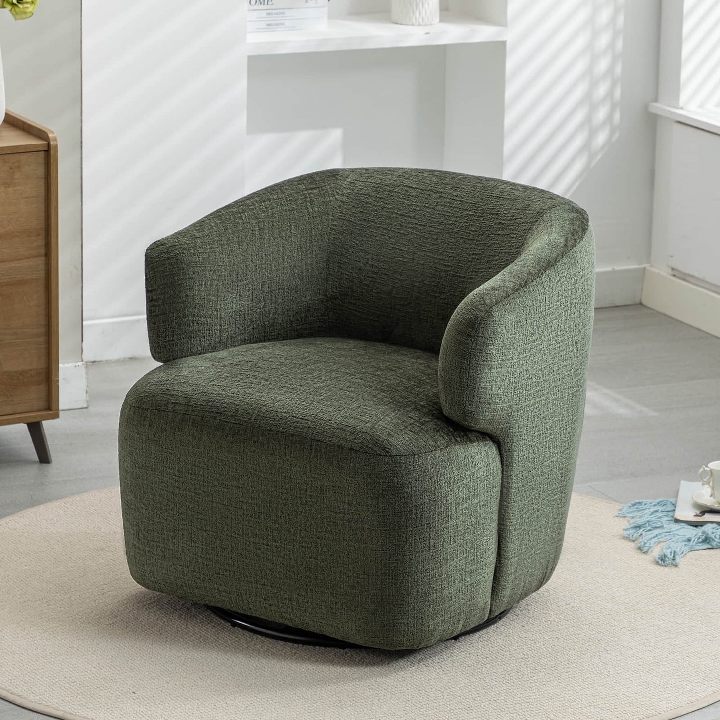30in Wide Chenille Upholstered Swivel Accent Chair Boucle Swivel Barrel Chair