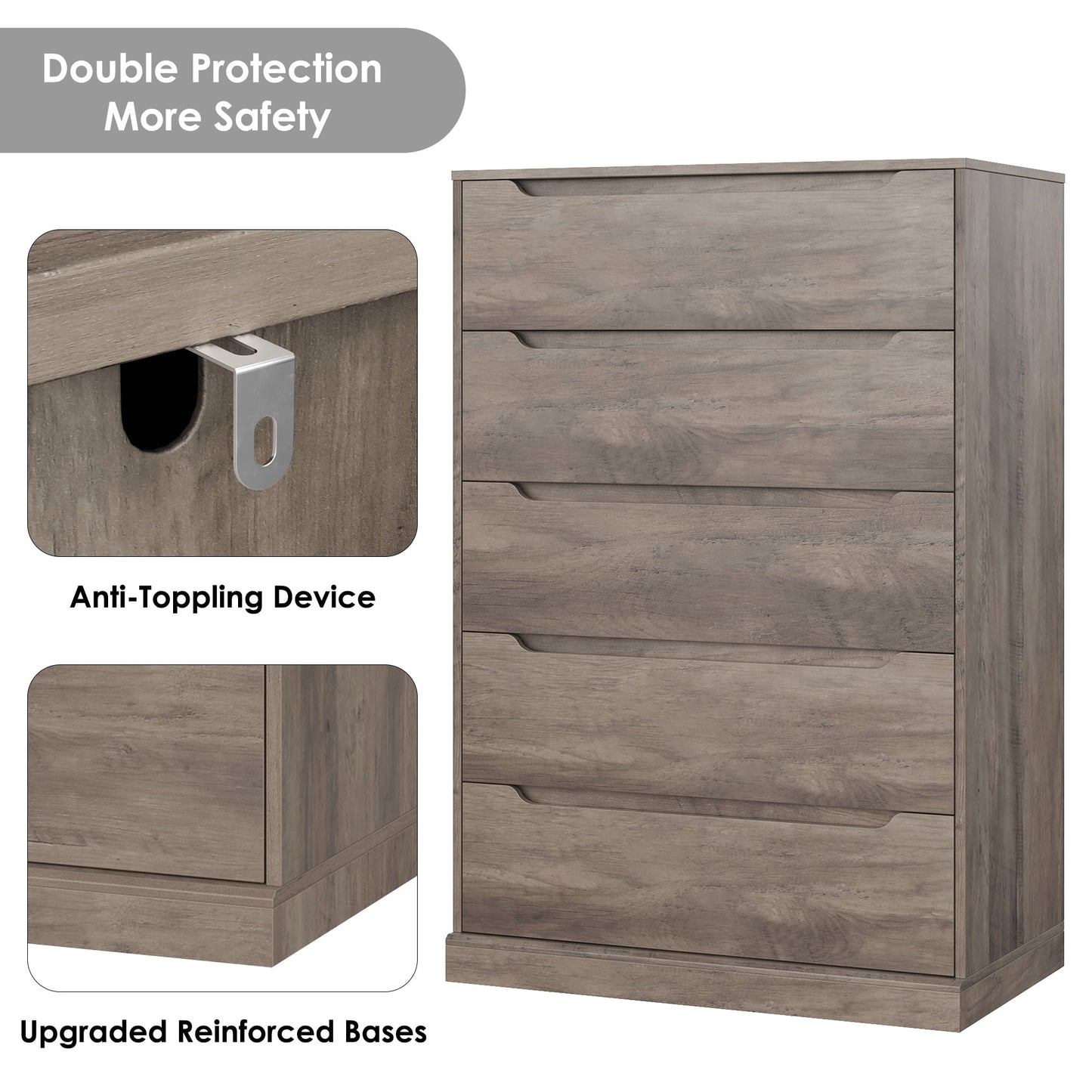Homfa Vertical 5 Drawer Dresser, Wood Storage Cabinet with Upgraded Stable Base for Bedroom Living Room, Gray
