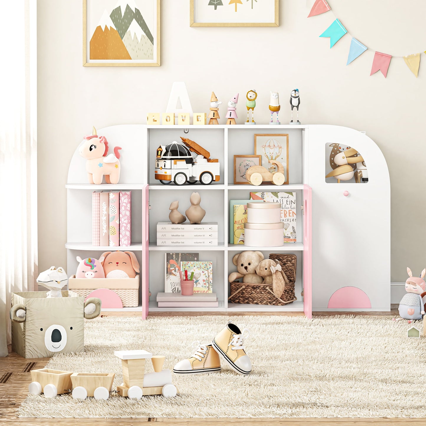 Homfa Multifunctional Kids Bookcase with Door, 6 Shelves & Toy Storage Cube, White and Pink