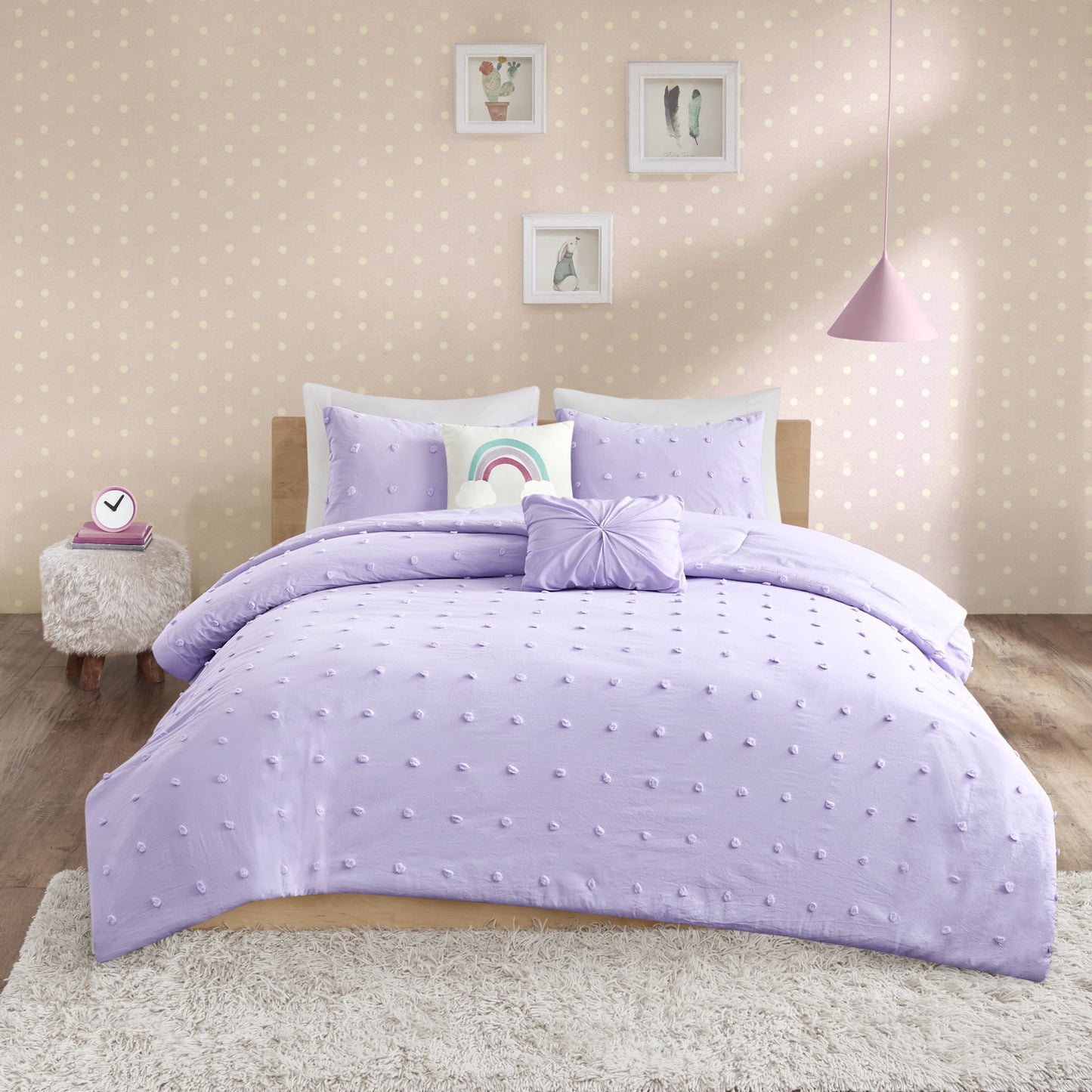 Home Essence Kids Kelsey Cotton Jacquard Pom Pom Comforter Set, Polyester Filled, Lavender, Twin