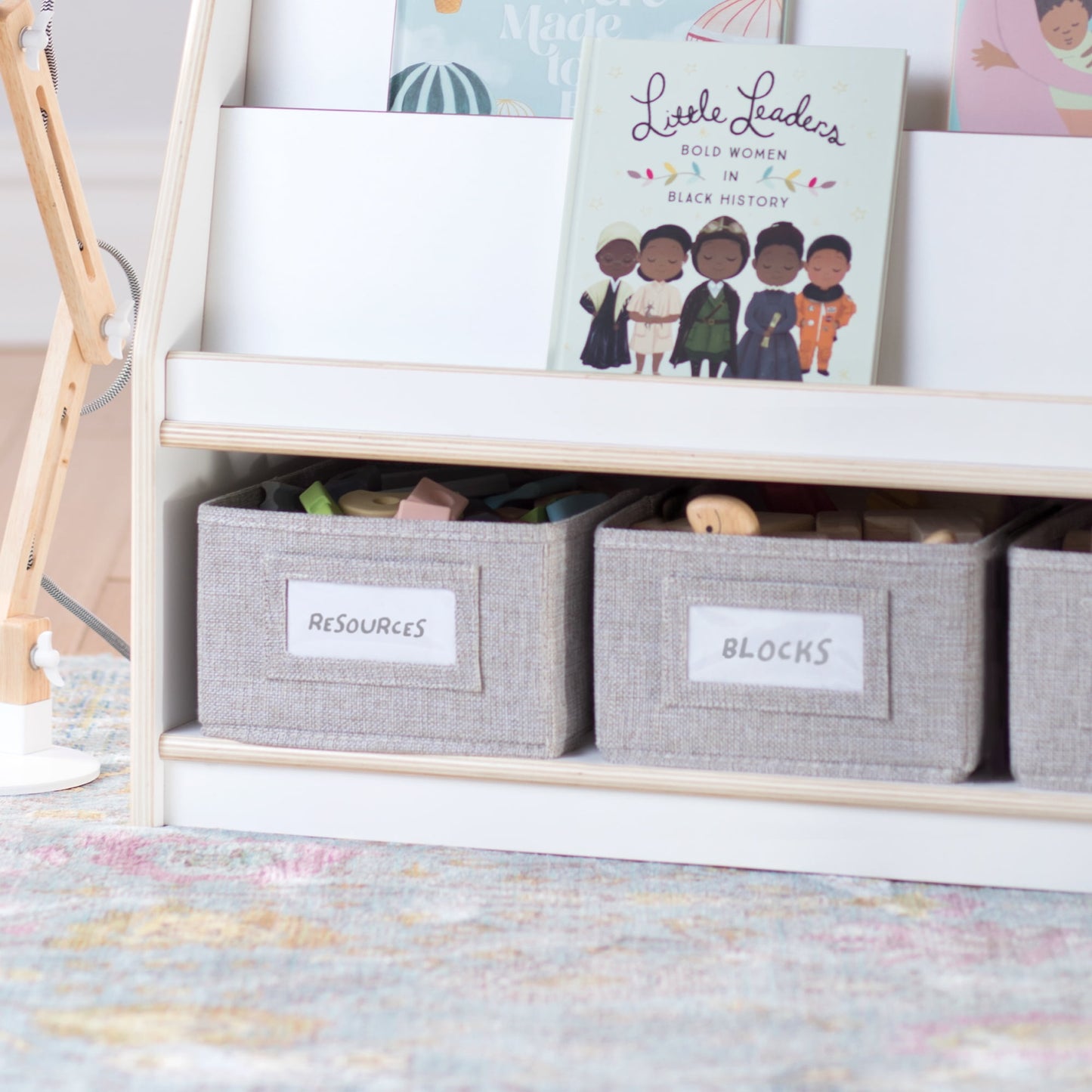 Guidecraft EdQ Book and Bin Display - White: Children's Wooden Bookcase with Shelves and Storage Bins for Kids' Books and Toys