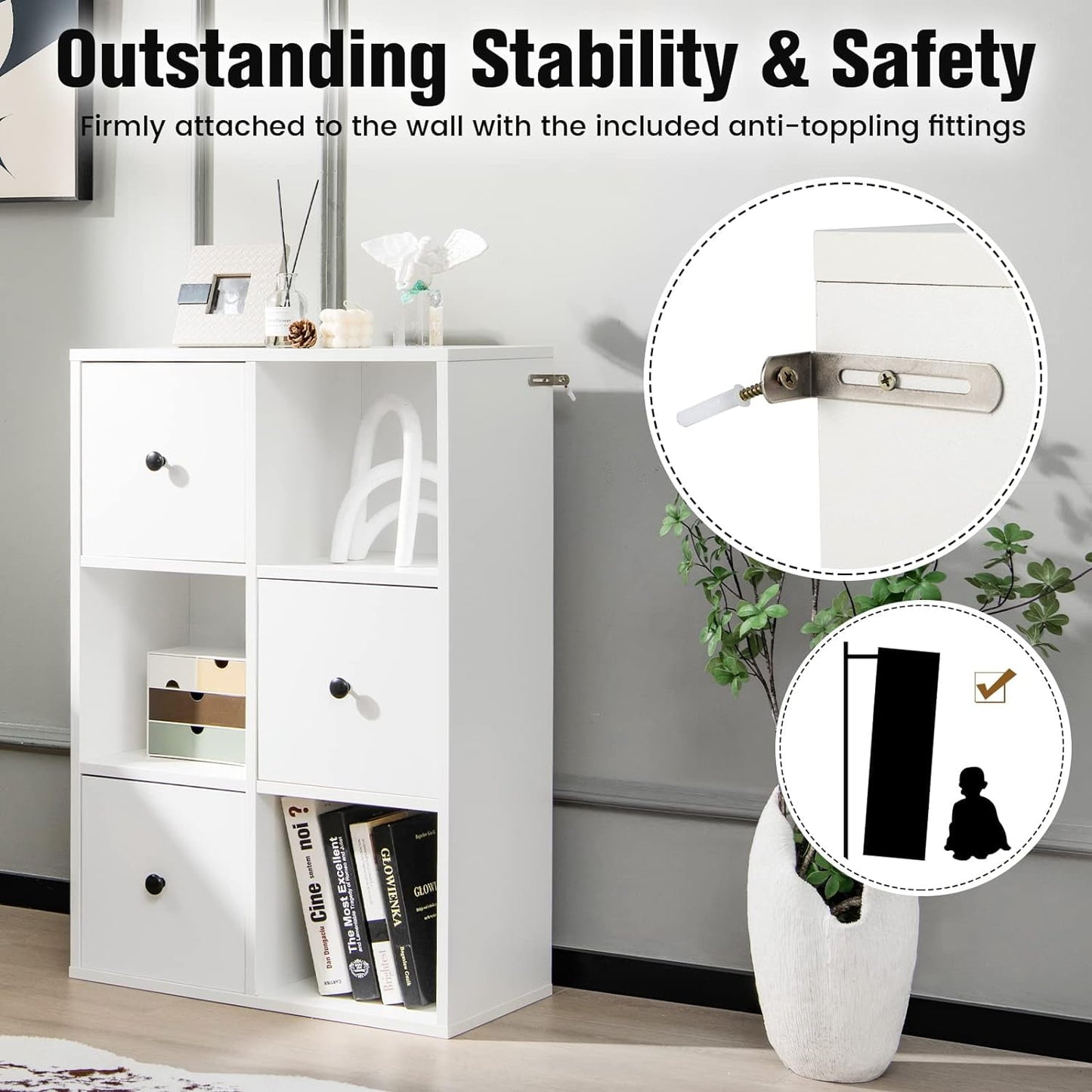 6 Cube Bookcase with Drawers, 3-Tier Modern Wood Bookshelf with Anti-toppling Device, Multipurpose 6 Cube Storage Organizer for Kids Room, Living Room, Study, Bedroom (White)