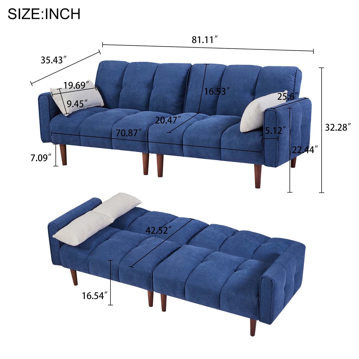 Aukfa 81in Oversized Futon Convertible Sofa Bed, Tufted Couch for Living Room, 2 Pillow, Linen, Blue