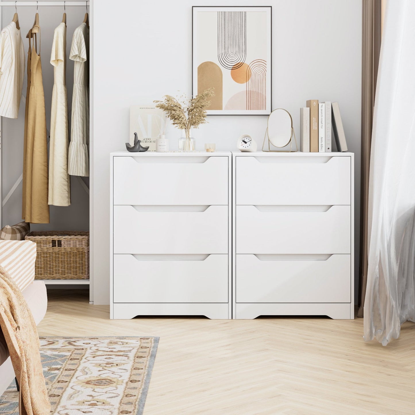 Homfa White Dresser with 3 Drawers, 23.6in W Tall Nightstand Chest of Drawer with Cutout Handles for Living Room