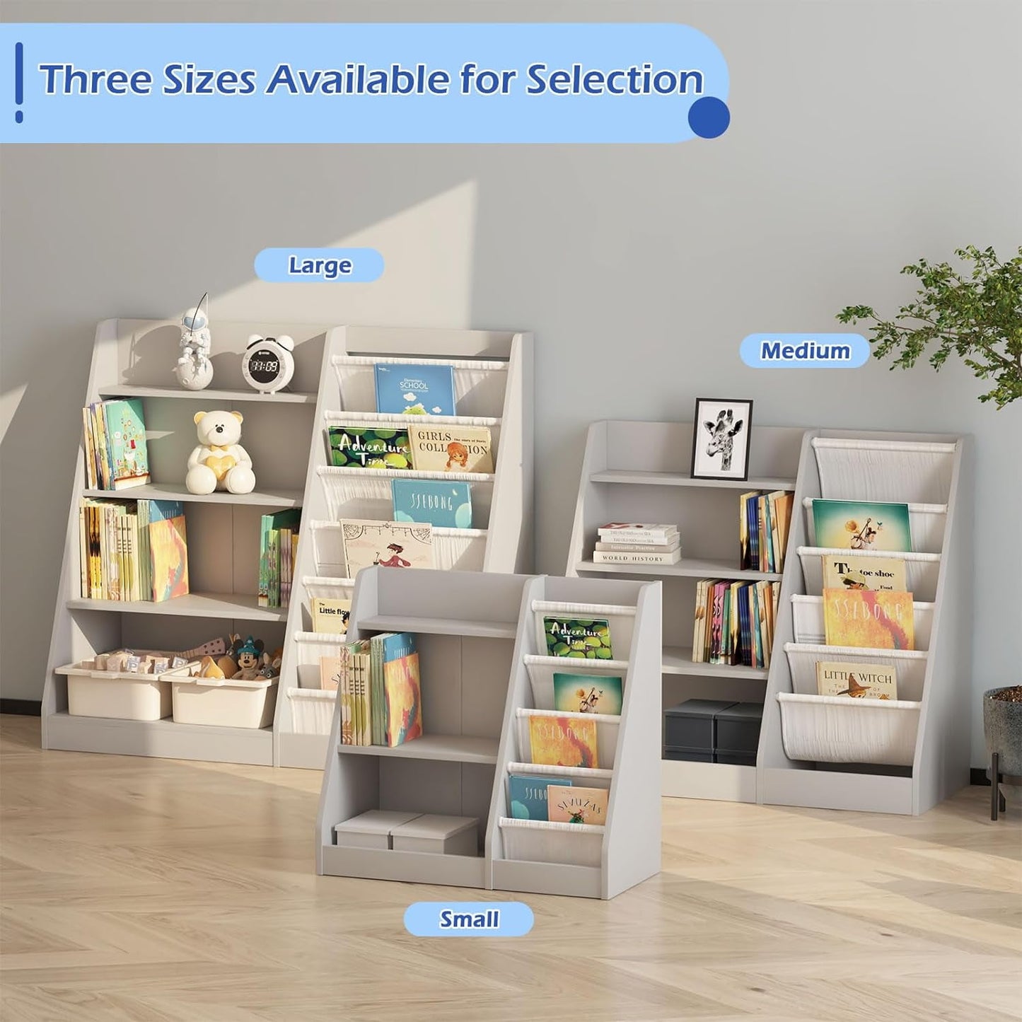 Gray Kids Bookshelf for Nursery Toddler Baby Sling Book Rack Adjustable Shelf Children Bookcase for Classroom Playroom Bedroom D¨¦cor Toy Magazine Book Storage Organizer 4 Tier Boy Girl's Gift