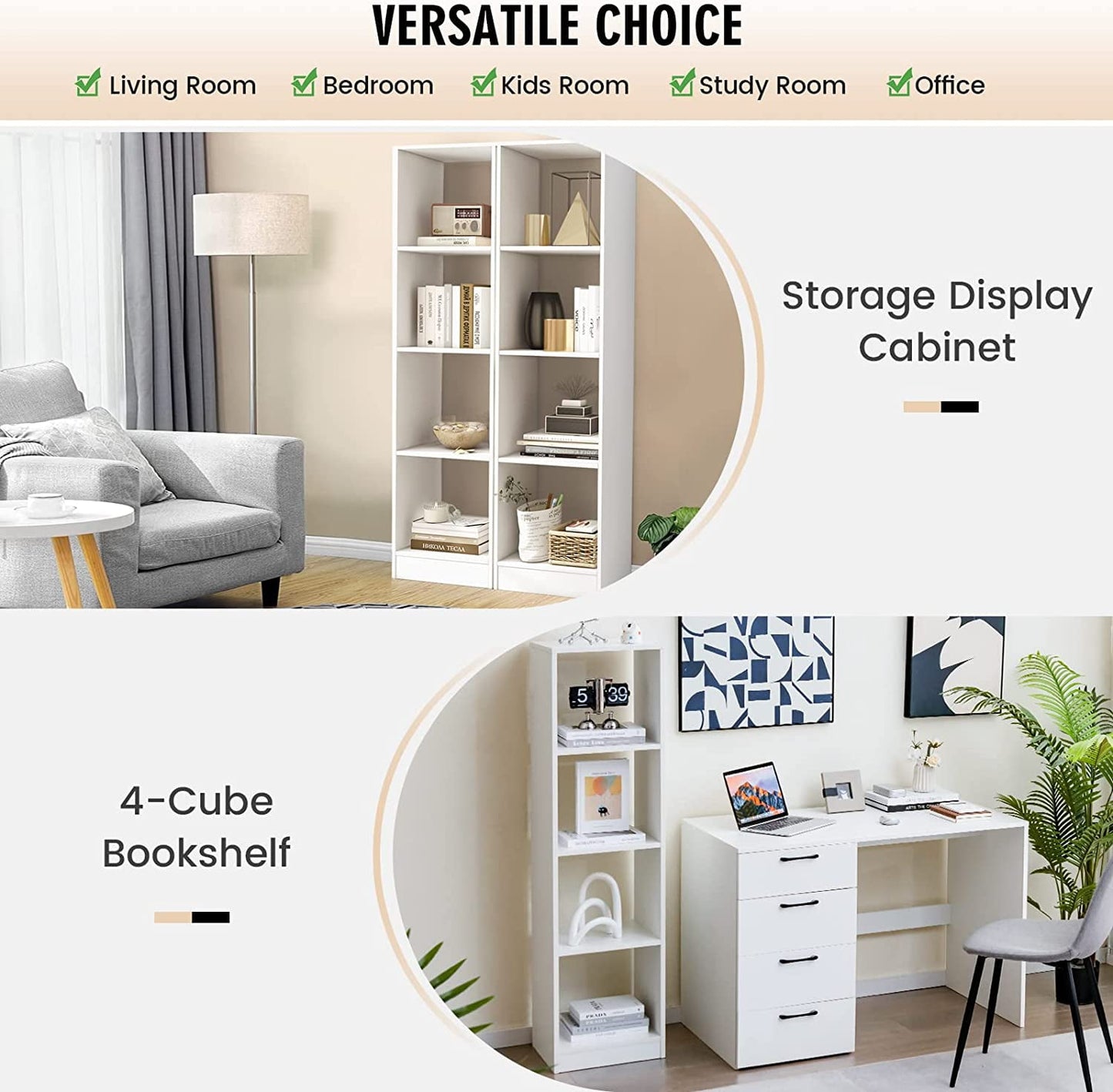 HOMEZY 56in Tall 4 Cube Bookcase White - Freestanding 15in Wide 5-Tier Narrow Open Display Bookshelf with 4 Anti-Tipping Kits, Wooden Cube Storage Organizer for Small Place, Living Room, Bedroom