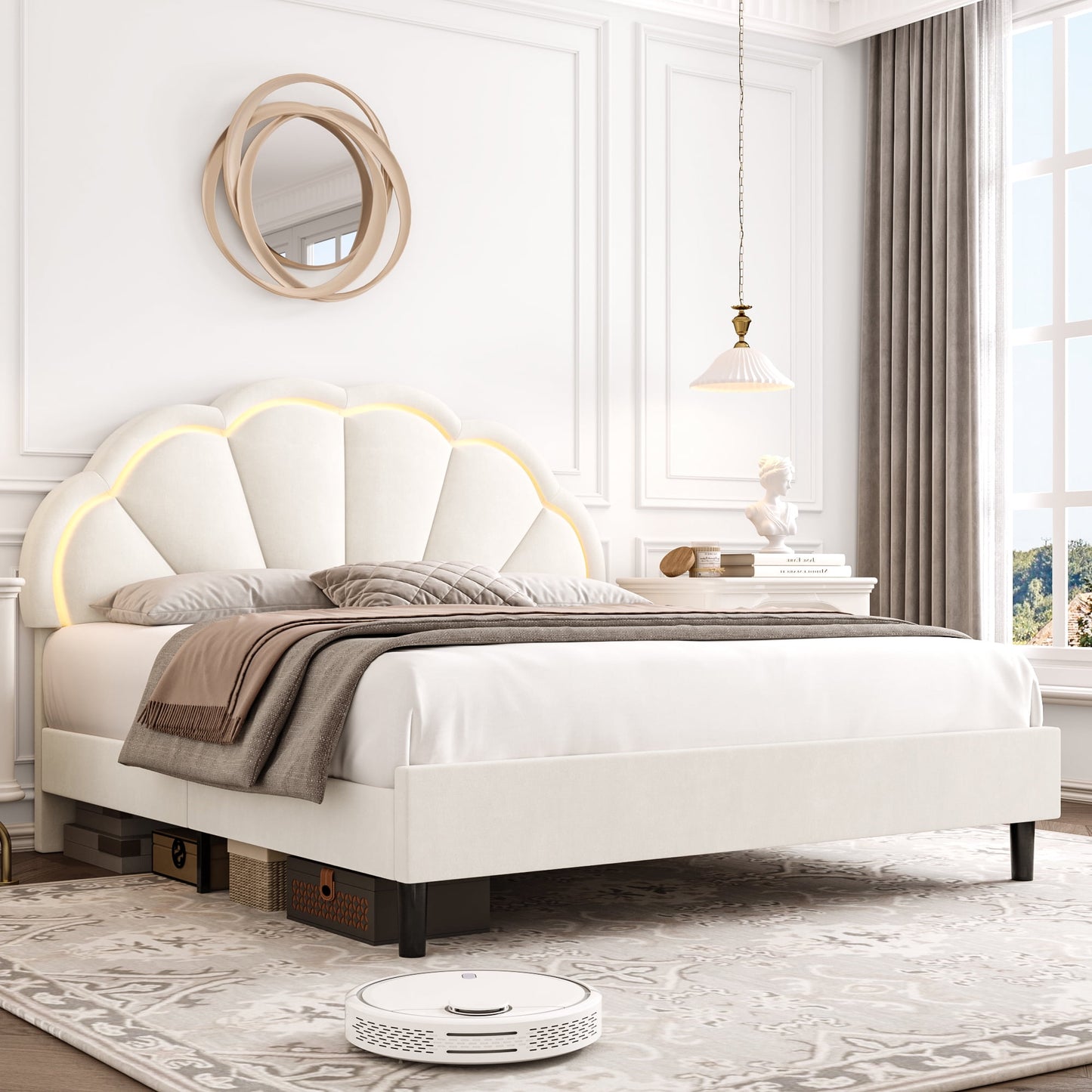 Homfa King LED Bed, Petal Platform Bed Frame with Adjustable Upholstered Headboard, Off-White
