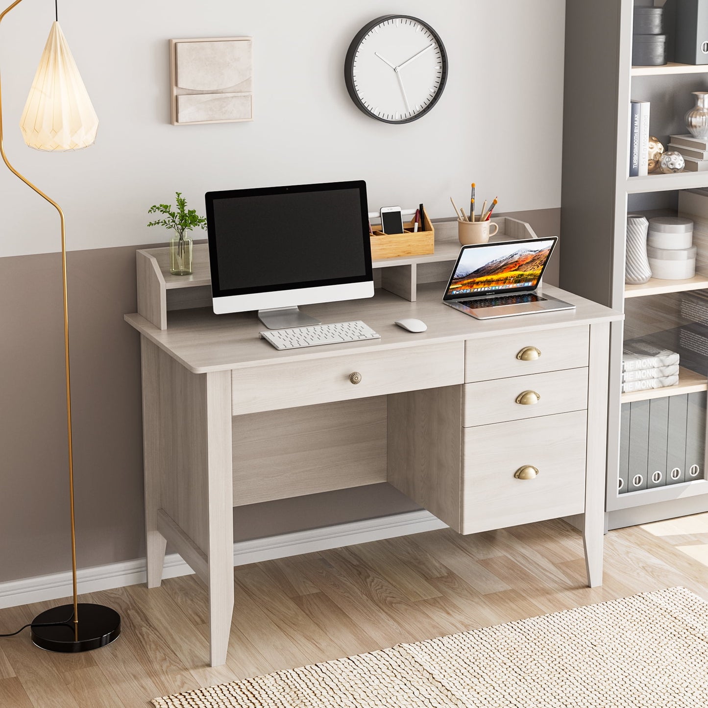 Homfa 47in Home Office Desk, Compact Wood Table, 4 Drawers and Hutch Shelf, Oak White