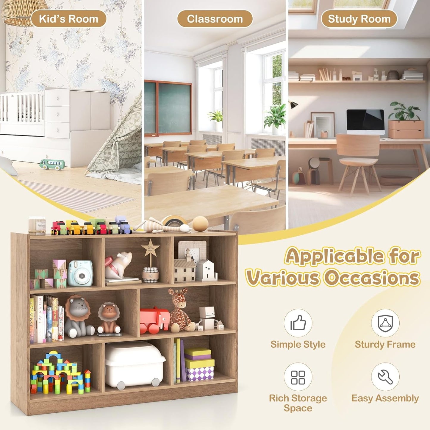 HOMEZY Kids Montessori Shelf, 8-Cube Wooden Toy Storage Organizer, 3 Tier Open Kids Bookshelf for Classroom, Bedroom & Playroom, Natural