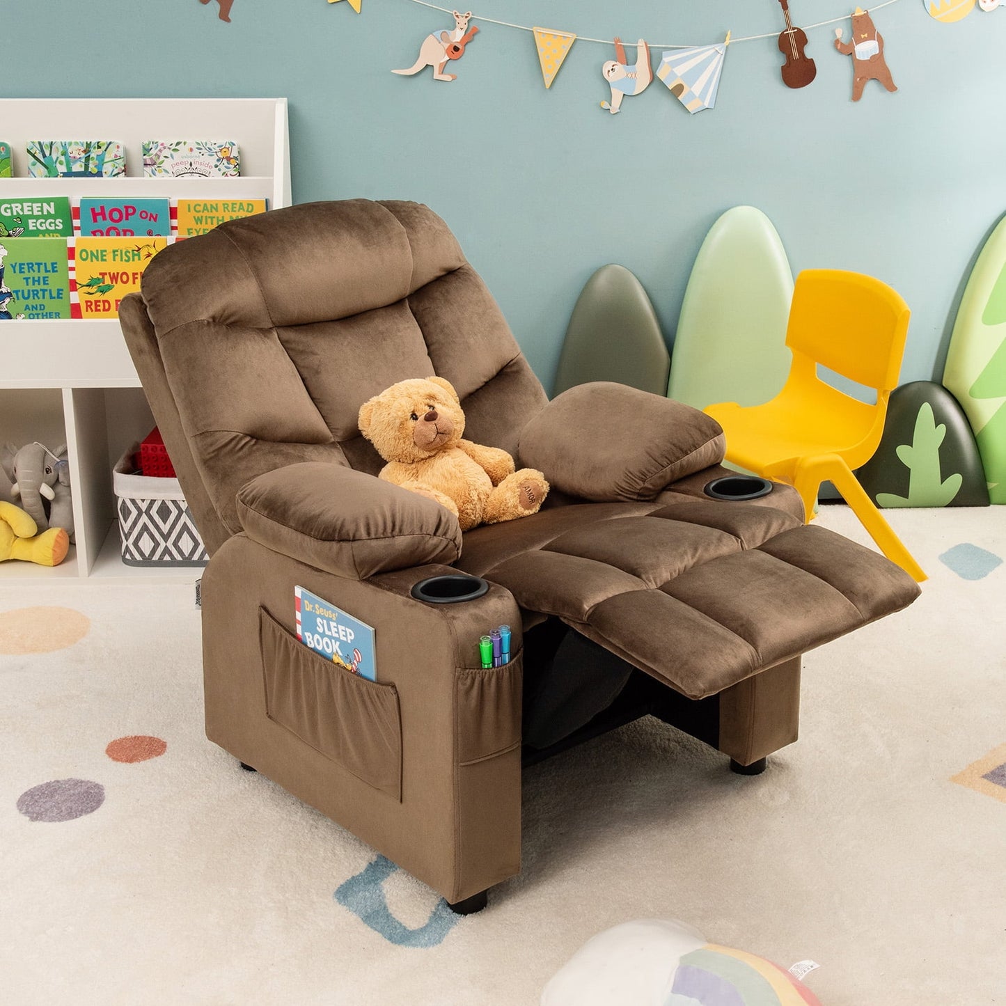 Infans Kids Youth Recliner Chair Velvet Fabric Armrest Sofa w/Cup Holder Brown
