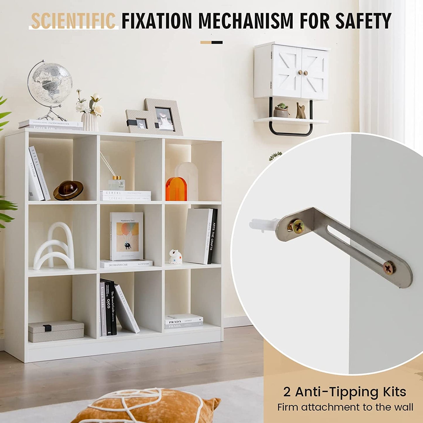 HOMEZY 9-Cube Bookcase White - 4-Tier Freestanding Open Bookshelf with Anti-Tipping Kit, Modern Floor Display Shelving, Wood Cube Storage Organizer for Living Room, Kid's Room, Bedroom