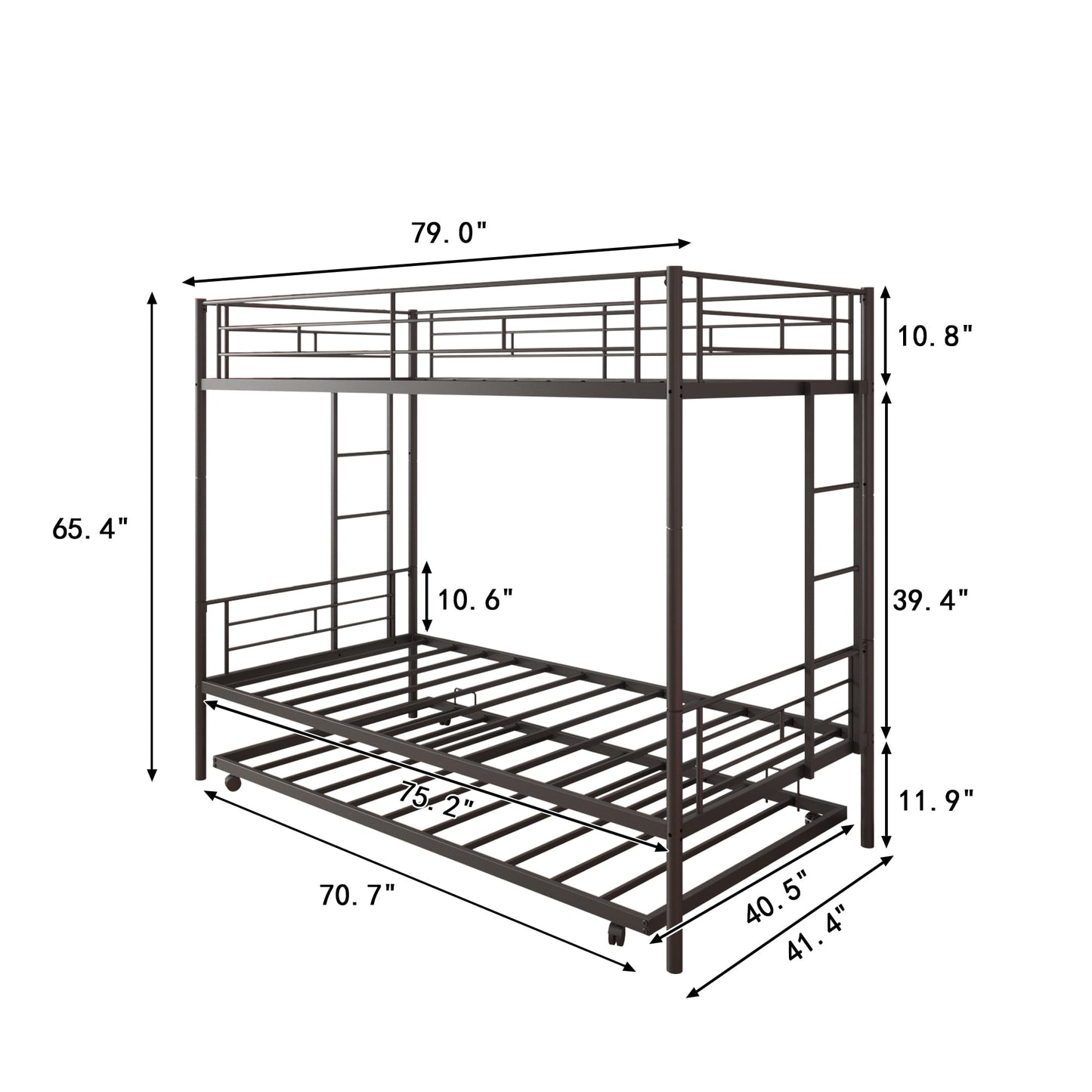 Heavy Duty Bunk Bed Frame, Kids Twin Over Twin Metal Bunk Bed with Flat Ladder & Safety Guardrail, Convertible Trundle Bunk Bed Frame, for Dorm, Bedroom, Guest Room, No Box Spring Needed, Black, D6467