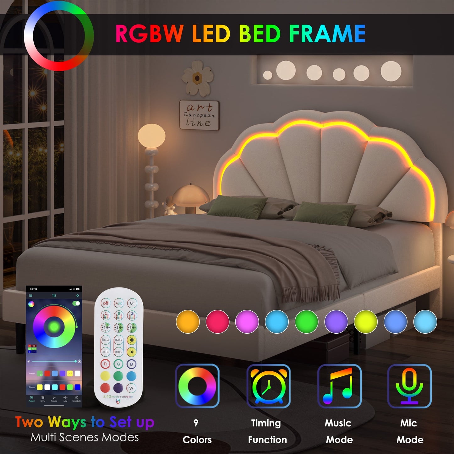 Homfa LED Bed Frame, Full Size Bed for Kids Girls, Velvet Upholstered Platform Bed with Adjustable Headboard, Off-White