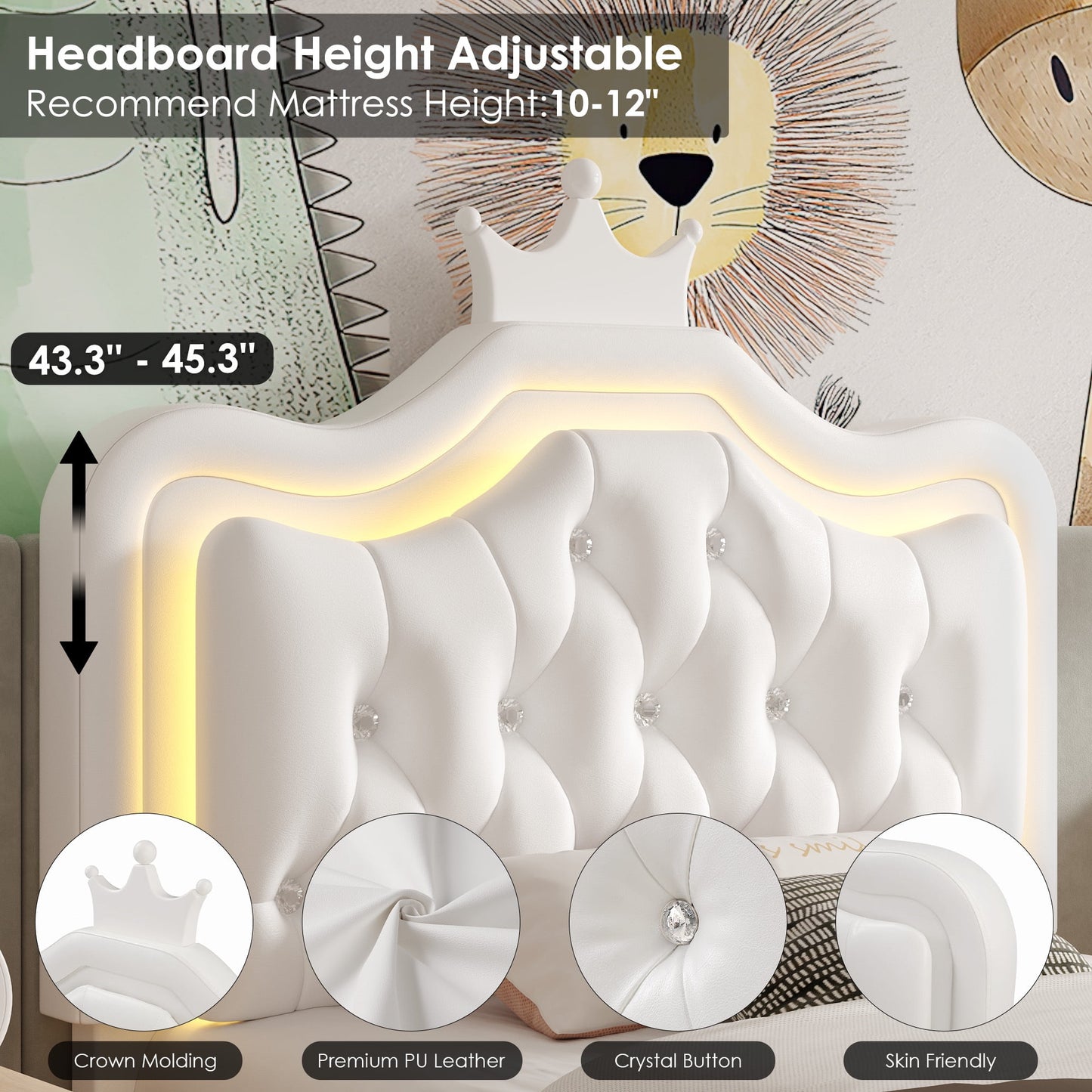 Homfa Twin Size LED Bed Frame with Storage Drawer, PU Leather Crown Platform Bed with Crystal Tufted Upholstered Adjustable Headboard, White