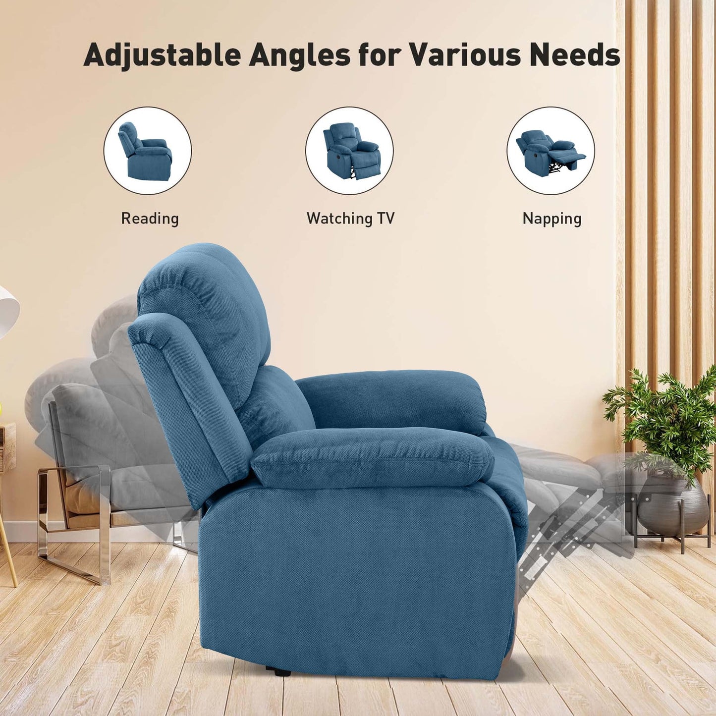 Aukfa 38in Wide Manual Recliner Chair, Overstuffed Single Sofa for Home Office, Flannel, Blue