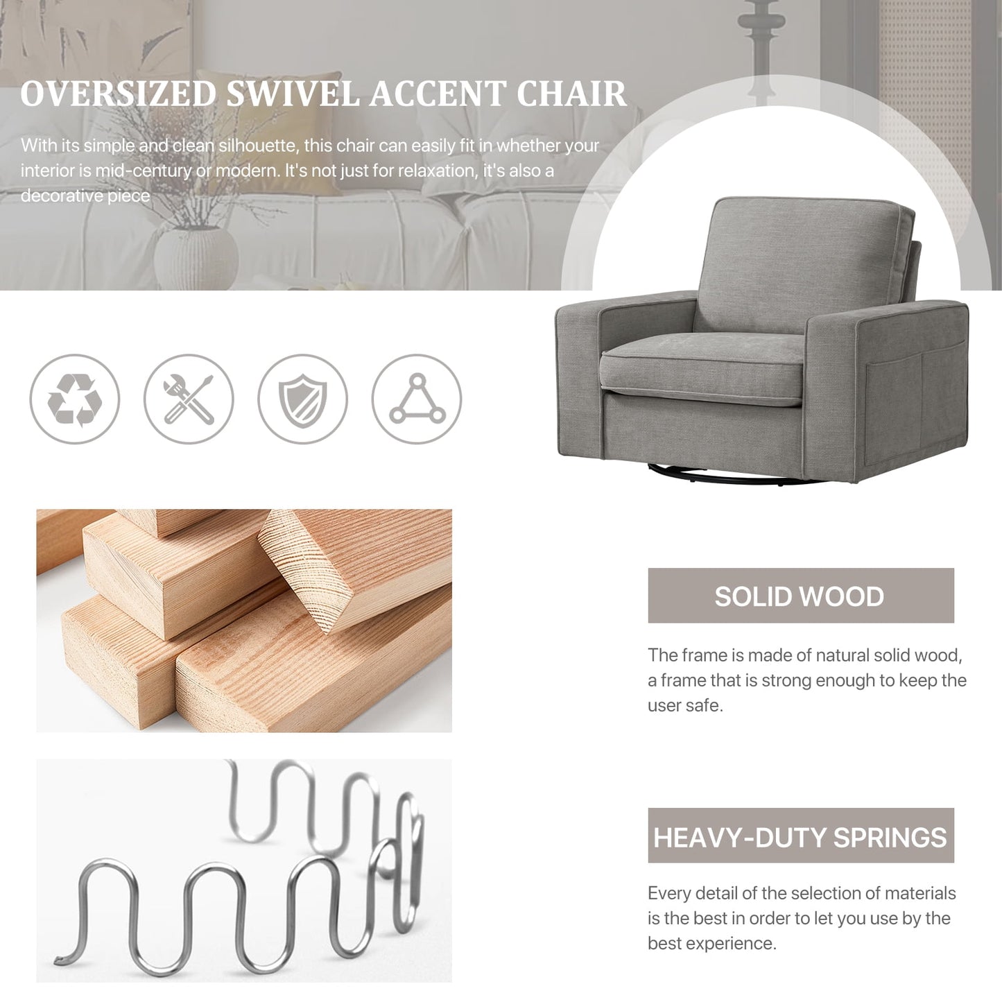 INGALIK Swivel Accent Chair, 40.2in W Oversize Chenille Accent Armchair with Storage Bag, Modern Comfortable Chair for Living Room, Bedroom, Home, Club, Light Gray