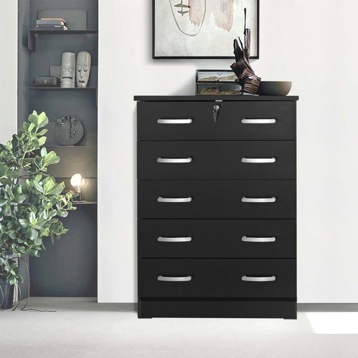 Home Furniture Cindy 5 Drawer Chest Wooden Dresser with Lock - Black