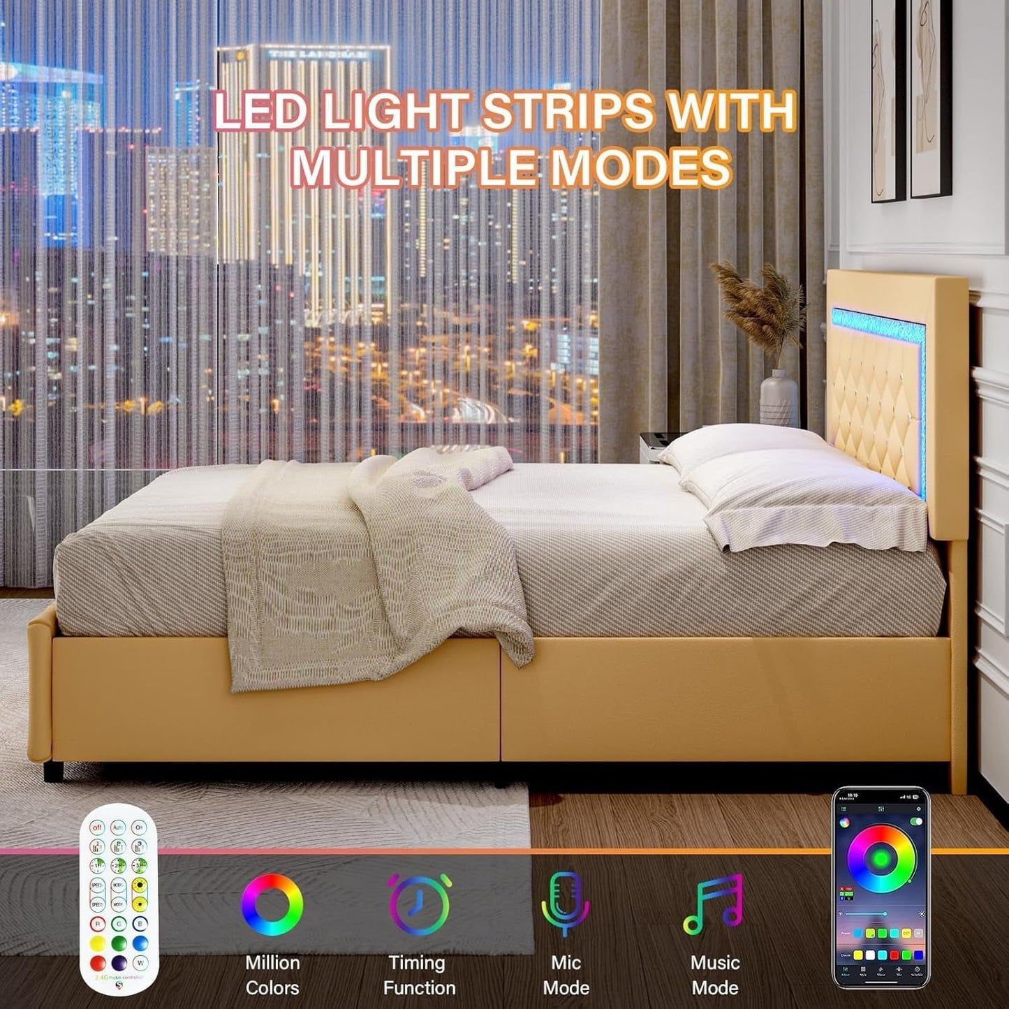 4 EVER WINNER Full Size LED Bed Frame with 4 drawers, Full Bed Frame with LED Light Headboard, Modern Upholstered Bed with Diamond Headboard and Footboard, Yellow