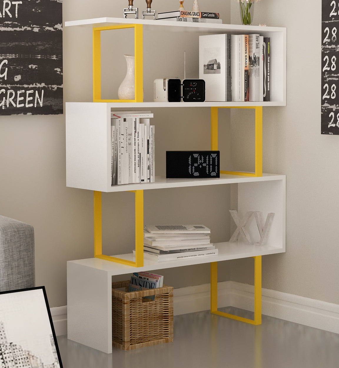 Adriana 49in 4 Shelf Geometric Bookcase,Yellow