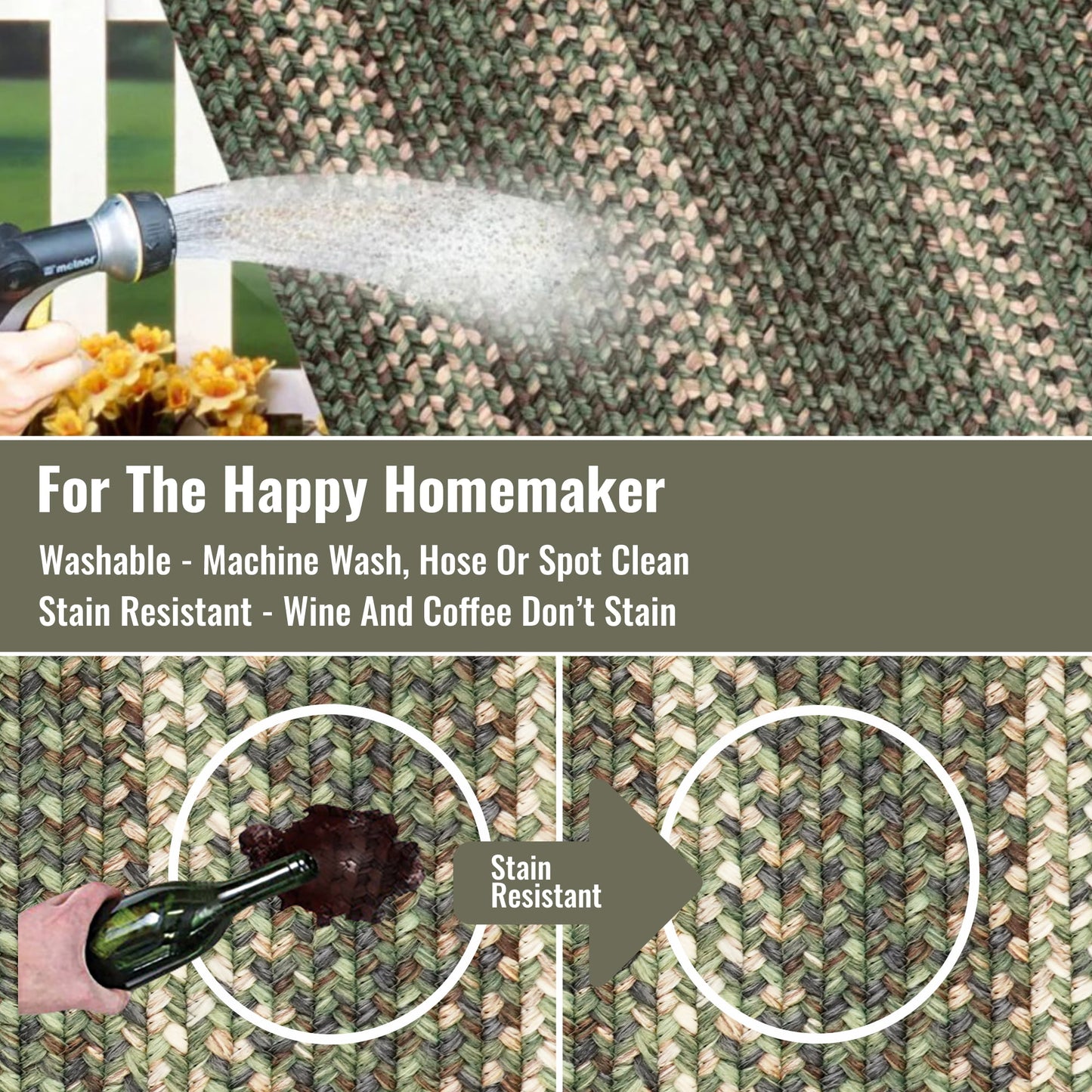 Homespice Cedar Ridge Sage Green Braided Rug, Ideal as Out Door Rug for Entryways and Washable Kitchen Rugs - Stain Resistant Small Reversible Pet Friendly Rugs Oval 27x45in Inches