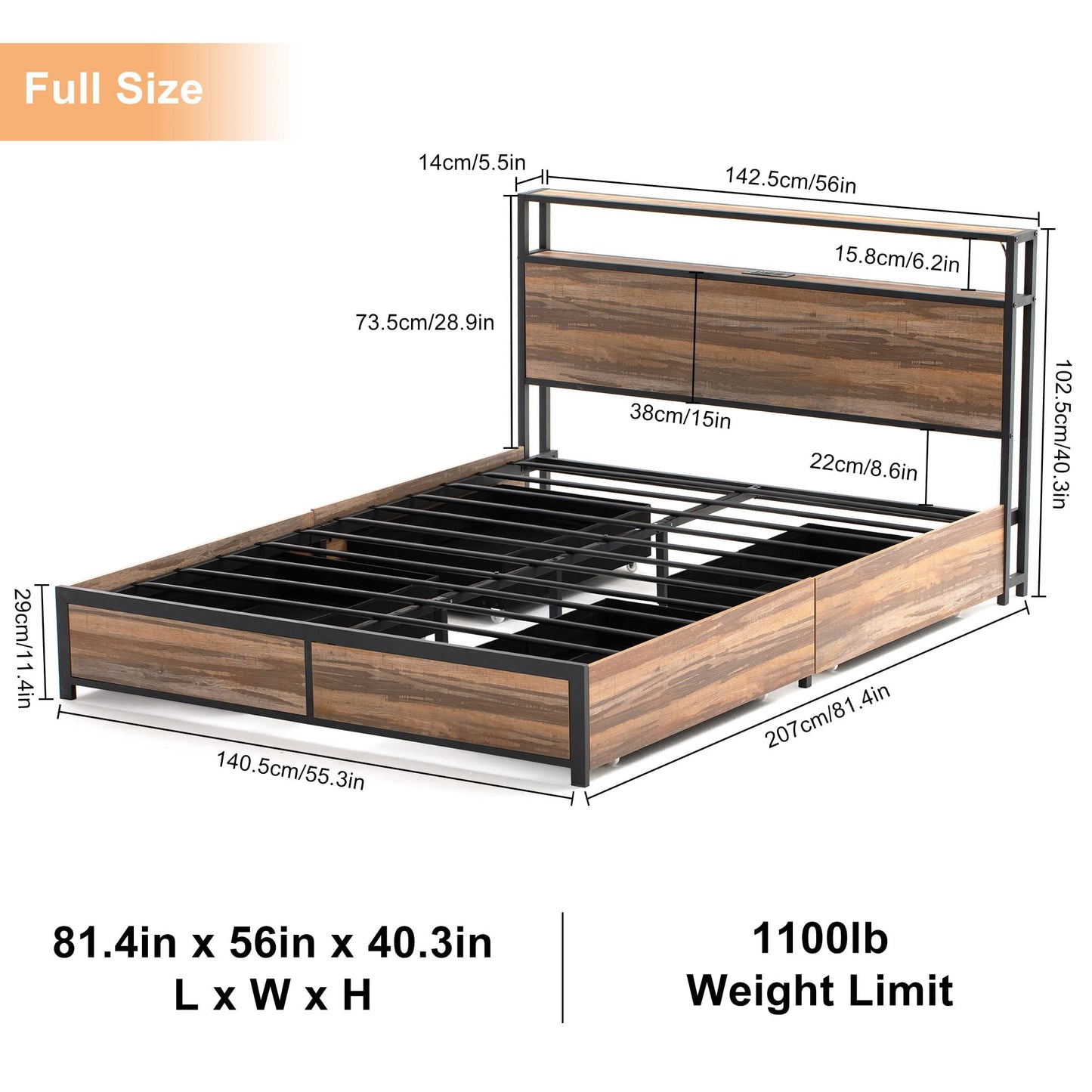 LED Bed Frame with Charging Station, Adjustable Size, Multi-Color Lights & Ample Storage