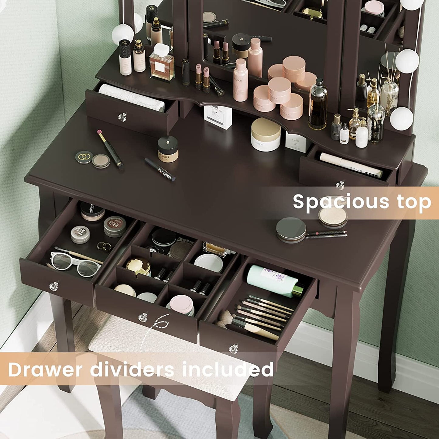 Afuhokles Vanity Table Set with Tri-Folding Mirror 10 LED Light 5 Drawers, Brown
