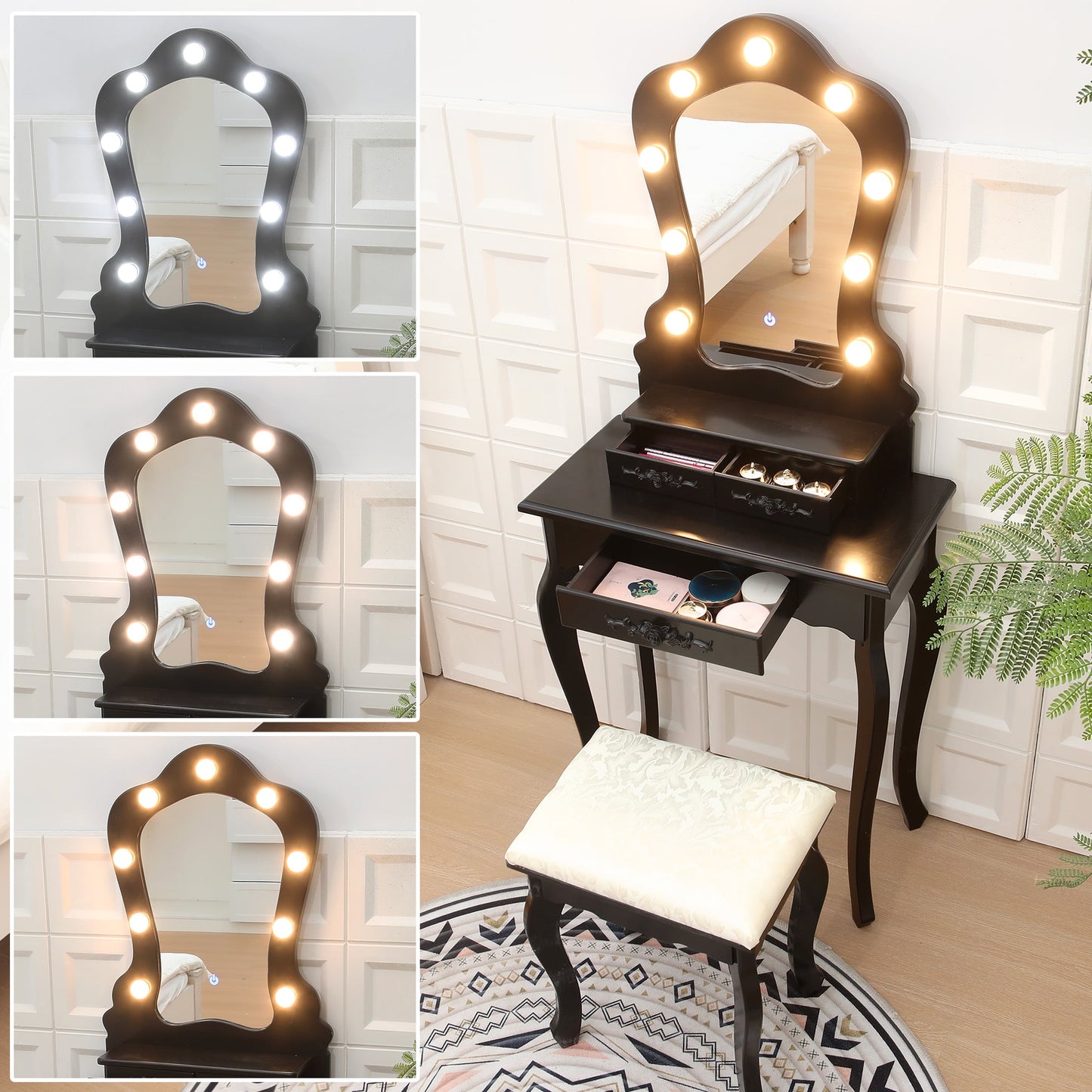 HSUNNS Modern Vanity Set, 4 Drawers Makeup Desk with Cushion Stool & Storage Shelves, Sliding Mirror, Black