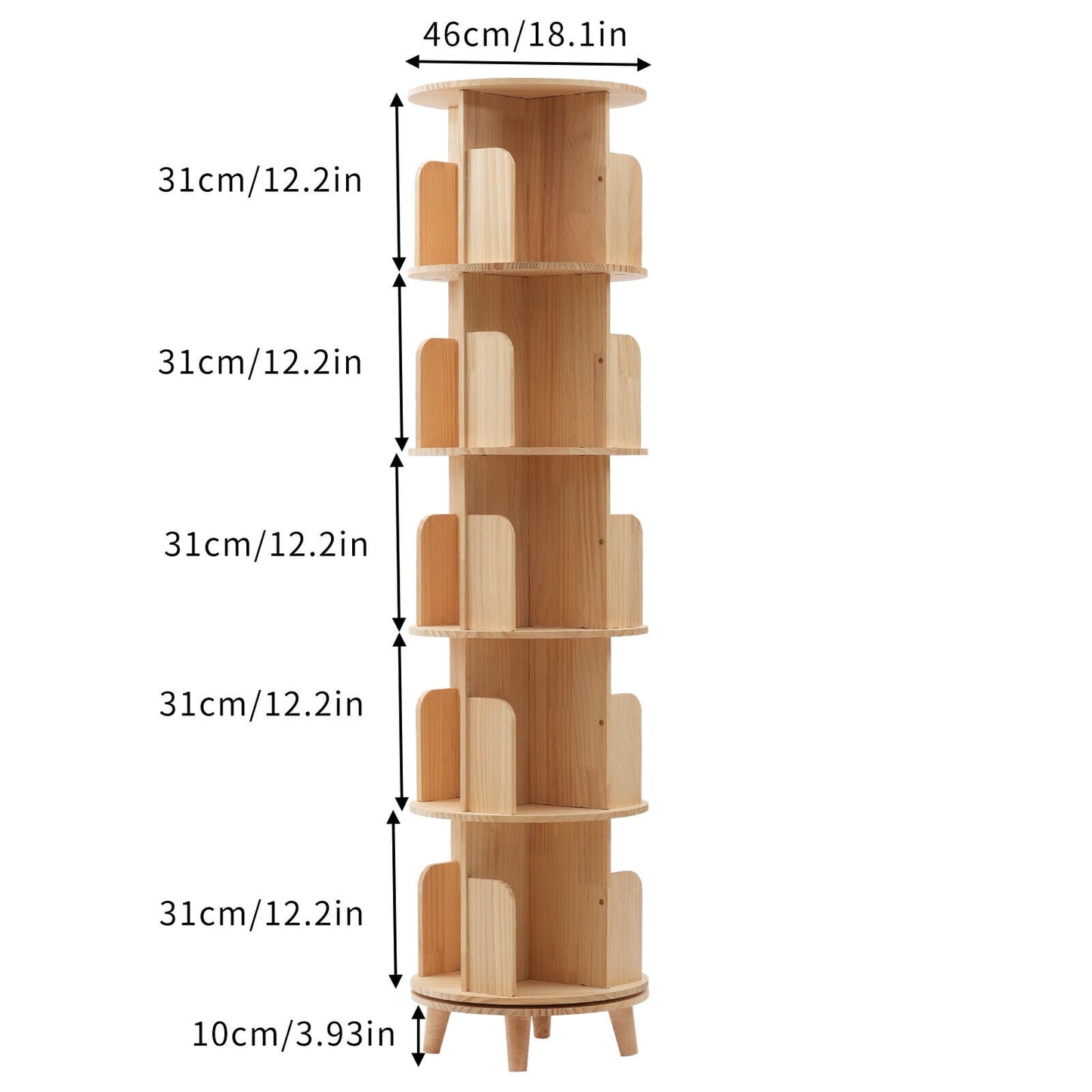 5 Tiers Rotating Bookshelf 360 Display Book Shelf,Wood Narrow Bookshelf Organizer, Multi-Functional Floor Stand Storage Rack
