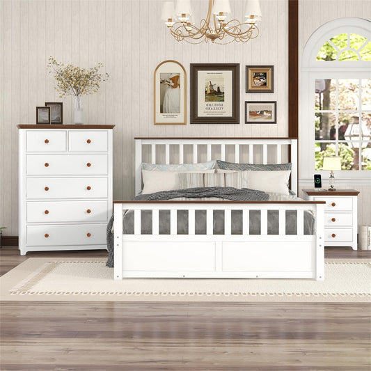 3-Pieces Bedroom Sets, Queen Size Platform Bed with Nightstand(USB Charging Ports) and Storage Chest for Kids Teens Adults, Farmhouse Style Bedroom Furniture Sets for Bedroom Apartment Hotel, White