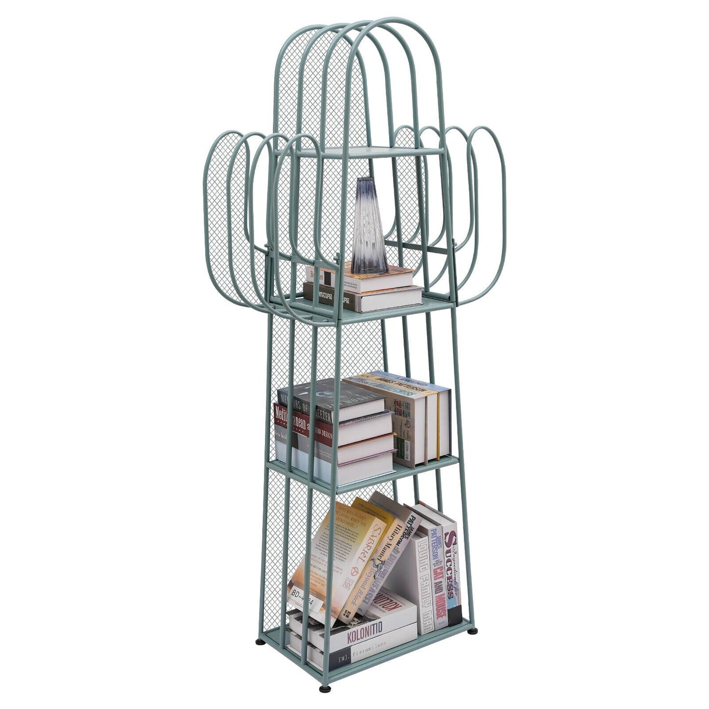 4 Tier Cactus Shape Bookcase, Iron Bookshelf Storage Rack Shelf, Living Room Sundry Shelf, Flower Stand with 8 Hooks, Bedroom Bookshelf for Kids & Adults