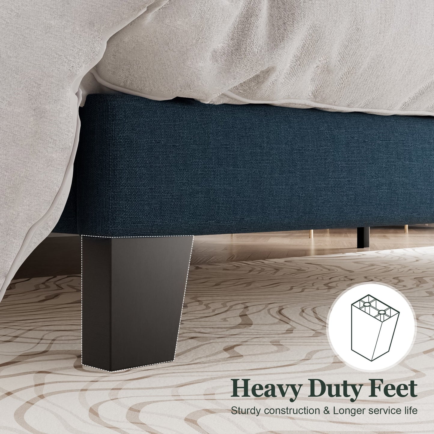 Amolife Platform King Size Bed Frame with Fabric Upholstered Headboard, No Box Spring Needed, Strong Wooden Slats, Navy Blue