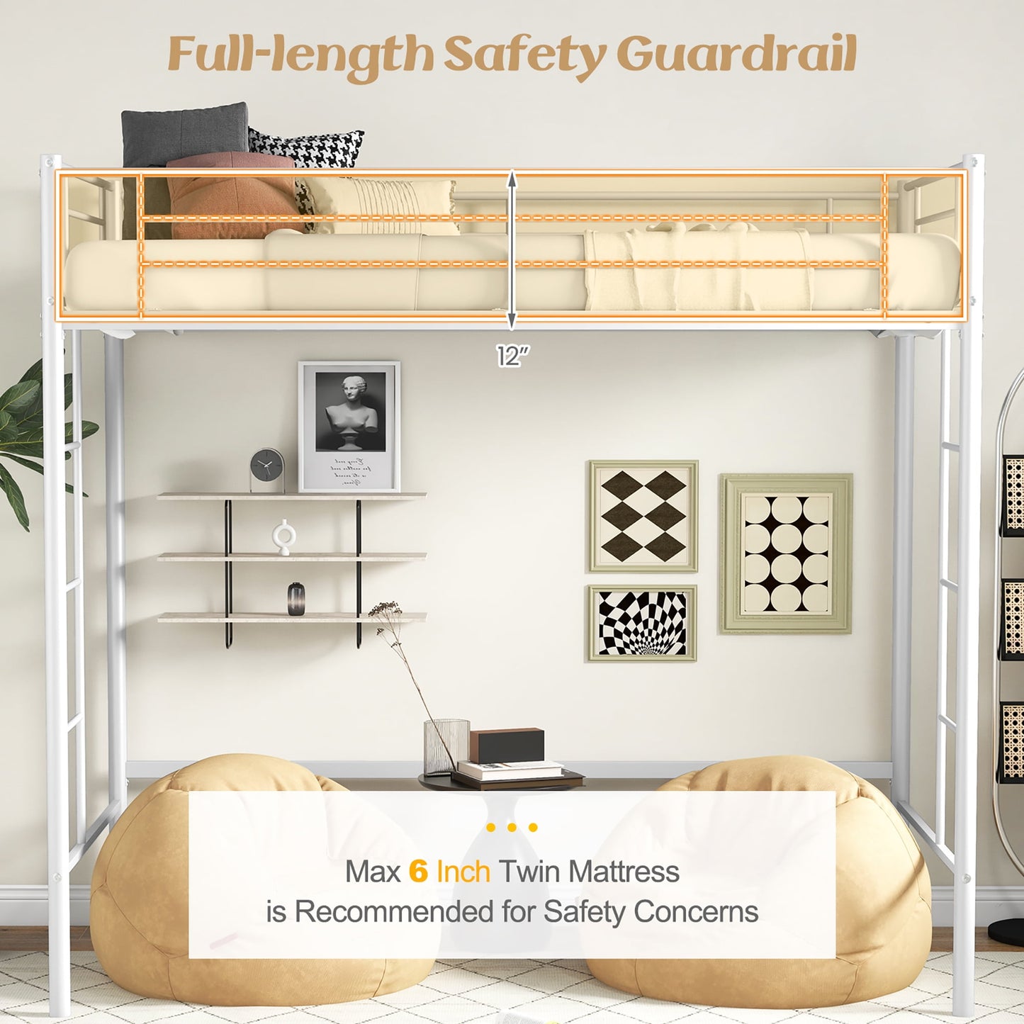 Gymax Twin Metal Loft Bed Frame w/ 2 Ladders Full-length Guardrail Space-Saving White