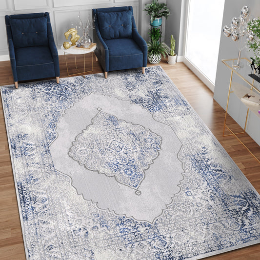 Allstar Rugs 5' 0in x 6' 11in Gainsboro Grey Traditional Persian Themed Polyester Area Rug with a Blue Bijar Design and Ivory Accents. Machine-Made in Turkey.